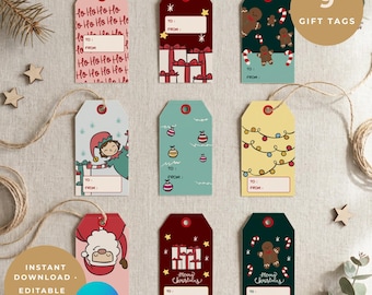 Può includere: Nove etichette regalo natalizie con vari disegni, tra cui omini di pan di zenzero e ornamenti. Ogni etichetta ha spazio per 'A' e 'Da' ed è legata con spago. Le etichette sono in vari colori, tra cui rosso, verde e rosa.