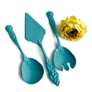 3 piece Wedding servers in Turquoise, Vintage Silver Plate Re-surfaced by BMC Vintage Design Studio FOOD SAFE, Alice in Wonderland Tea Party