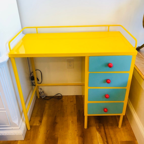 1950’s Yellow and Turquoise Re-cycled Vintage steel desk by BMC Vintage Design, Home decor, home office, Alice in Wonderland Party