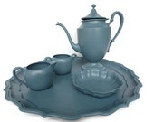 Vintage Silver plated 5 pc. Tea Set Recycled in Slate blue stoneware finish by BMC Vintage Design Studio, fired on colors!