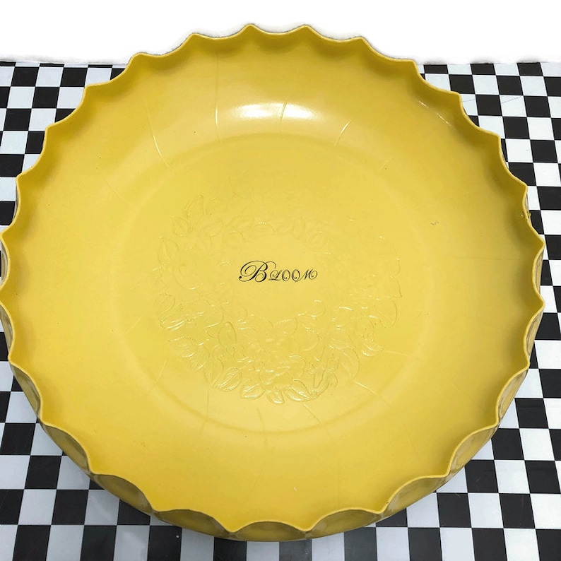 FOOD Safe! Large 13 yellow BLOOM bowl with Orange salad servers bowl is vintage Hammered aluminum up-cycled by BMC Vintage Design Studio