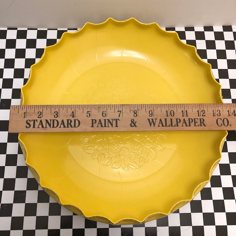 FOOD Safe! Large 13 yellow BLOOM bowl with Orange salad servers bowl is vintage Hammered aluminum up-cycled by BMC Vintage Design Studio