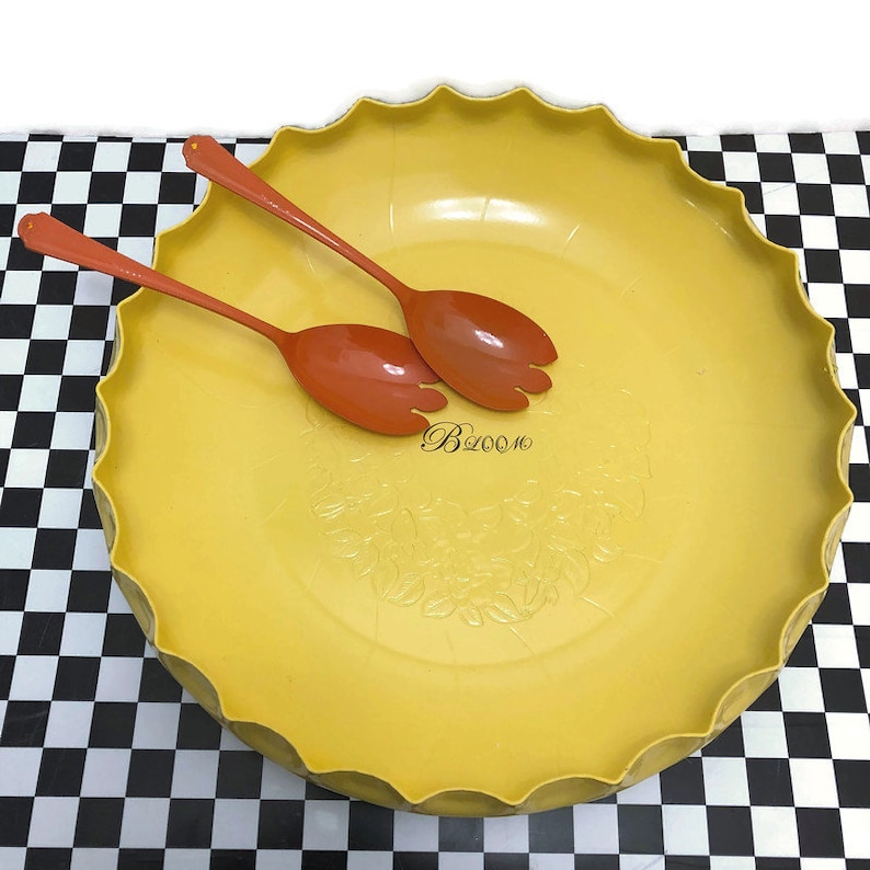 FOOD Safe! Large 13 yellow BLOOM bowl with Orange salad servers bowl is vintage Hammered aluminum up-cycled by BMC Vintage Design Studio