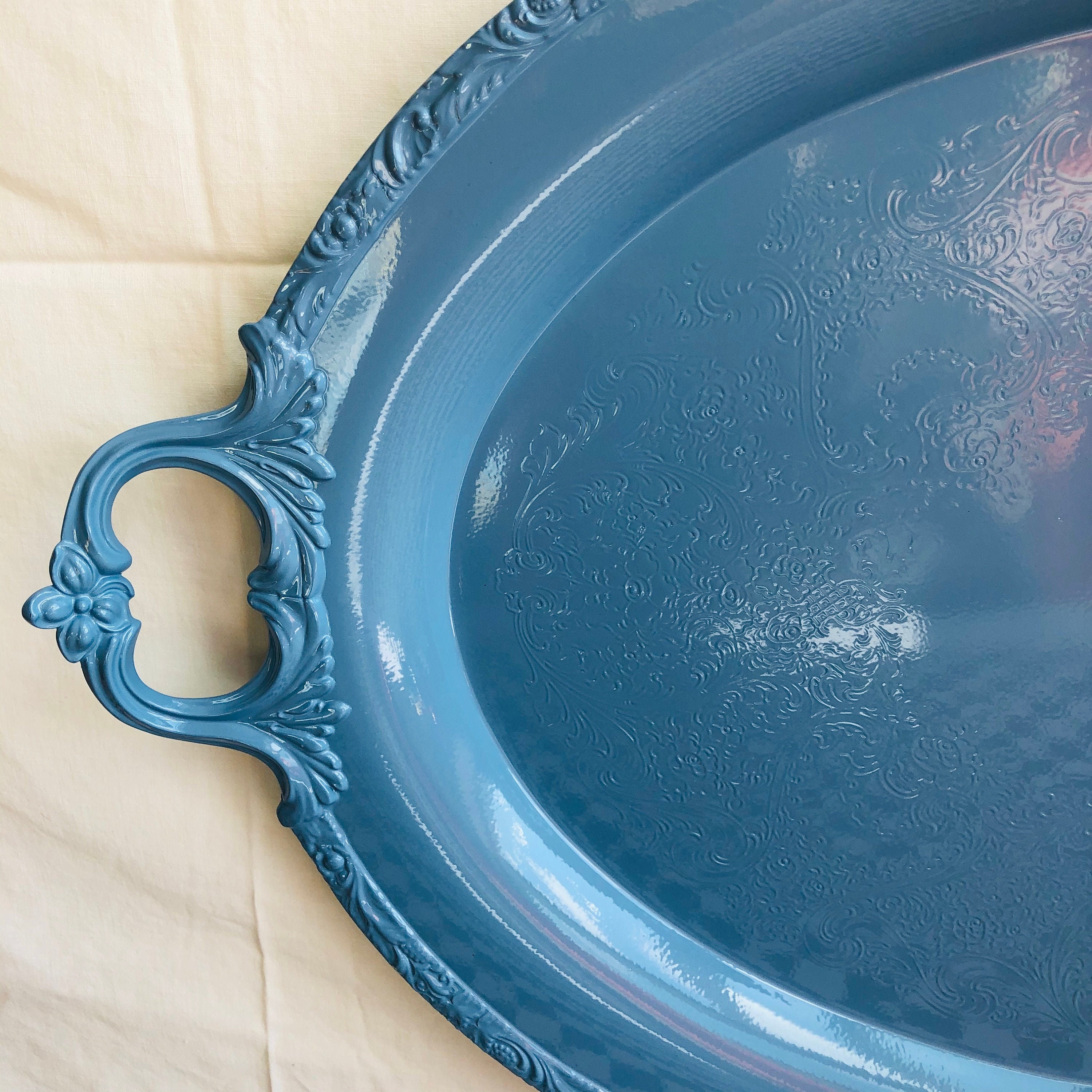 Large handled serving tray in glossy french blue Vintage Etsy