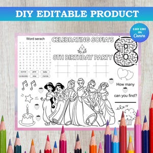 Placemat Princess birthday Coloring Pages Princess Tiana Activity Sheet Kids Belle theme Party Favors Cinderella Printable Placemat DP