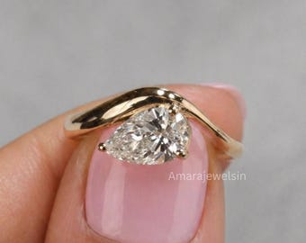 2 Carat Pear Shape Moissanite Engagement Ring, Curved Gold Band, Teardrop Solitaire Ring, Minimalist Bridal Promise Ring for Women