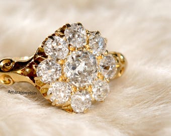 Vintage Cluster Lab Grown Old Mine Cut Diamond Ring in Yellow Gold Floral Halo Engagement Ring Antique Style Diamond Ring