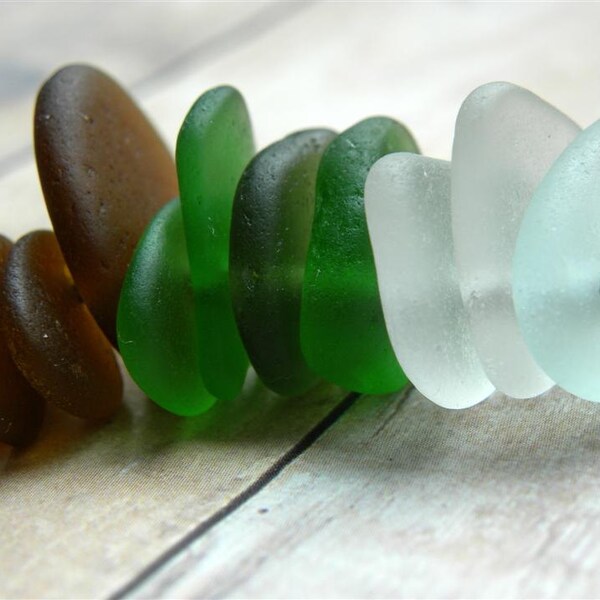 Sea Glass Jewelry Supplies, Genuine Drilled Seaglass in Amber, Green, Seafoam 11 pcs
