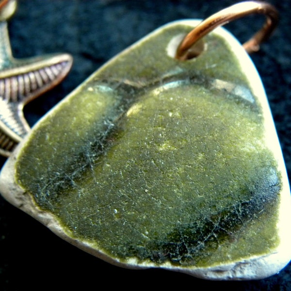 Scottish sea pottery in dark green, beach pottery with starfish charm
