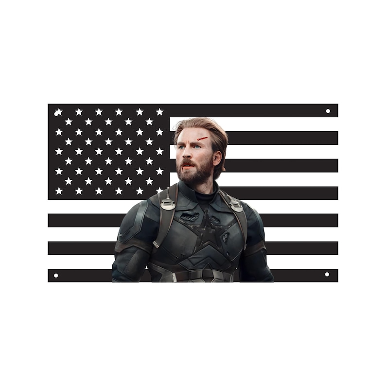 May include: A rectangular metal sign featuring a black and white American flag background with a centered image of a bearded man in a dark tactical suit with a star emblem on the chest and a small red mark on his forehead, with four corner holes.
