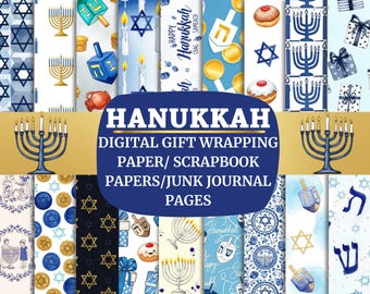 Paquete de más de 35 papeles digitales de Hanukkah, papel para envolver regalos de Hanukkah, papeles para álbumes de recortes de Hanukkah, páginas abstractas de diario judaico, Hanukkah png