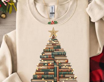 Libros navideños retro, árbol de Navidad PNG, Navidad PNG, sudadera navideña PNG, regalo para amantes de los libros, regalo de Navidad, camiseta navideña PNG