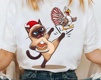 Gato navideño divertido PNG, clipart de calabaza de pavo, PNG de Acción de Gracias, sublimación de otoño, PNG de gato lindo de Acción de Gracias, PNG de gato navideño, siamés