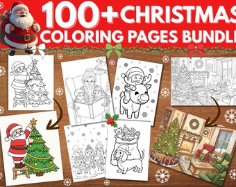 Paquete de dibujos navideños para colorear, más de 100 láminas para colorear de Navidad, libro para colorear de Navidad, dibujos de invierno para colorear, dibujos navideños para colorear para niños (PNG)
