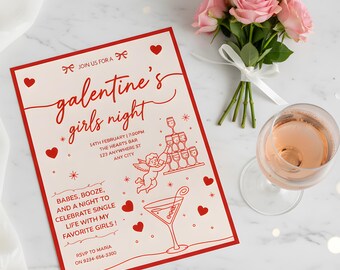 Plantilla de invitación para el Día de San Valentín, invitación para una noche de chicas, imprimible para fiesta de San Valentín, plantilla editable de Canva para San Valentín.