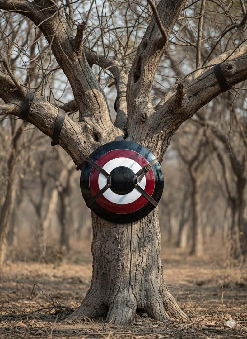May include: A round shield with a black, red, and white design is strapped to a tree. The shield has a central black circle, a red band, and a white band. Brown leather straps secure the shield to the tree.