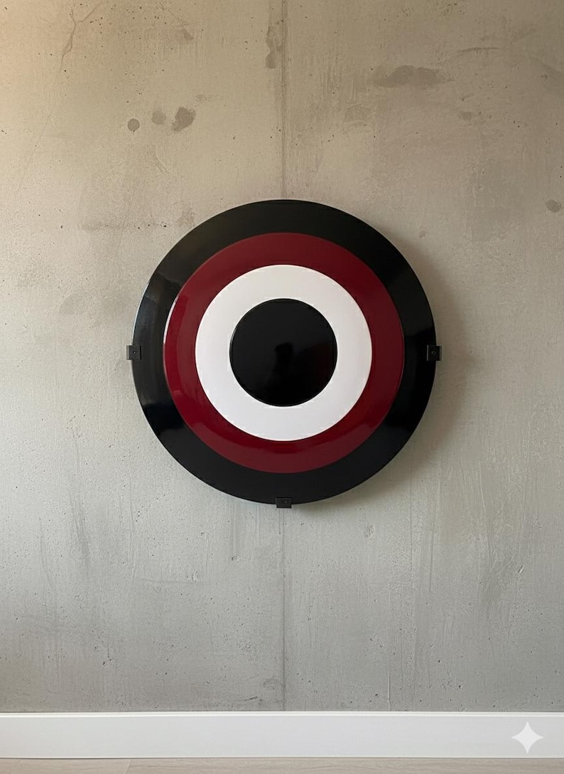 May include: A round, wall-mounted decorative piece with concentric circles in black, red, white, and black. The design resembles a target or a stylized emblem. The piece is mounted on a gray concrete wall.