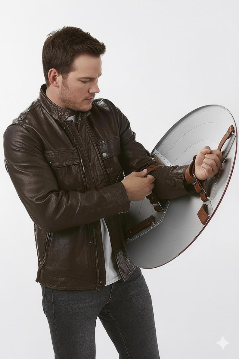 May include: A brown leather jacket with a zip-up front and a silver shield with brown leather straps. The shield has a red border and is held by the person in the image.