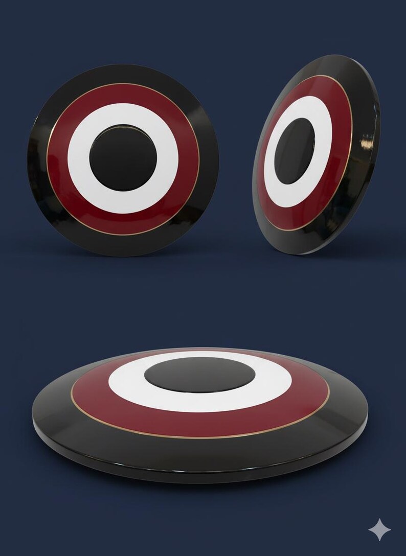 May include: A black, red, white, and gold shield with a circular design. The shield has a black center with a white ring, a red ring, and a gold trim. The shield is shown from multiple angles against a dark blue background.