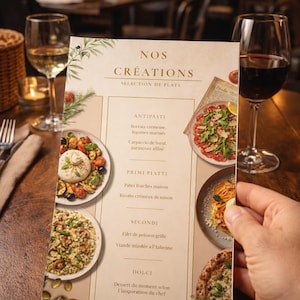 Peut inclure: Un menu de restaurant intitulé "NOS CRÉATIONS" présentant une sélection de plats, notamment des antipasti, des primi piatti, des secondi et des dolci. Le menu présente des images des plats, et est tenu par une personne. Des verres à vin sont en arrière-plan.