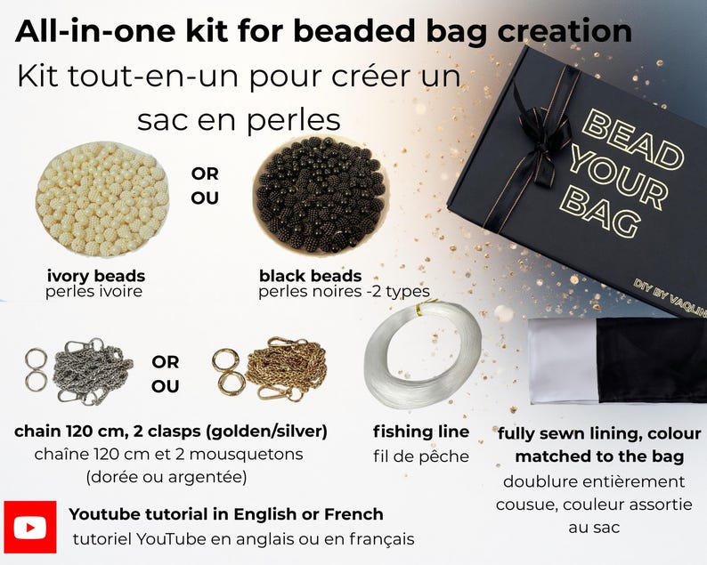 Może przedstawiać: Zestaw do tworzenia torebki z koralik&oacute;w zawierający czarne pudełko z napisem BEAD YOUR BAG, koraliki w kolorze kości słoniowej lub czarne, łańcuszek o długości 120 cm z dwoma zapięciami w kolorze złotym lub srebrnym, żyłkę i zszytą podszewkę.