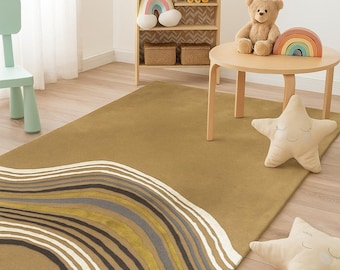 Alfombra de lujo de lana y seda tejida a mano: diseño abstracto de ondas neutras / Arte moderno para el hogar