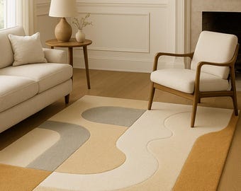 Handgetuft wollen vloerkleed | Abstract gebogen golfontwerp | Modern gestructureerd tapijt | Woonkamer
