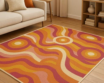 Sunburst Wave Retro – 70s Inspired Orange & Pink Hand-Tufted Rug | Mid-Century Modern Abstract Area Rug