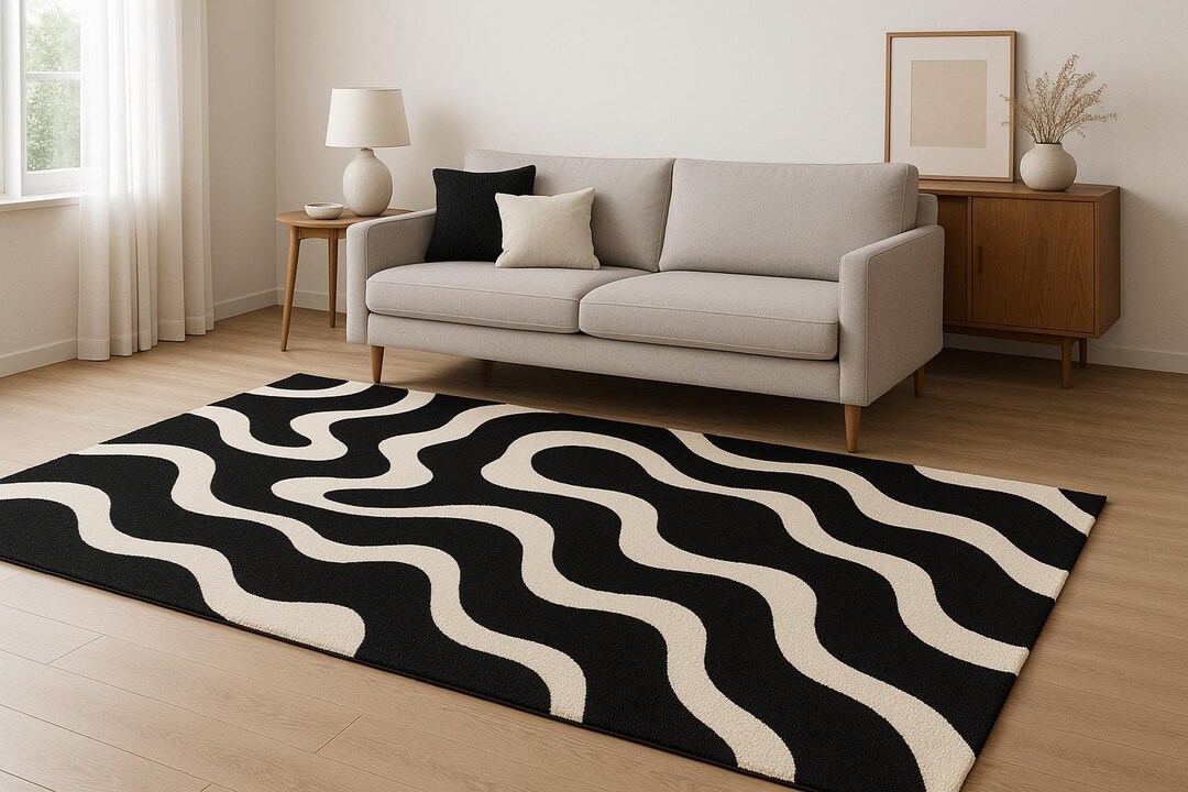 White Abstract Pattern Area Rug Black and White Wavy Lines Rug, Modern Abstract Pattern Area Rug - Etsy