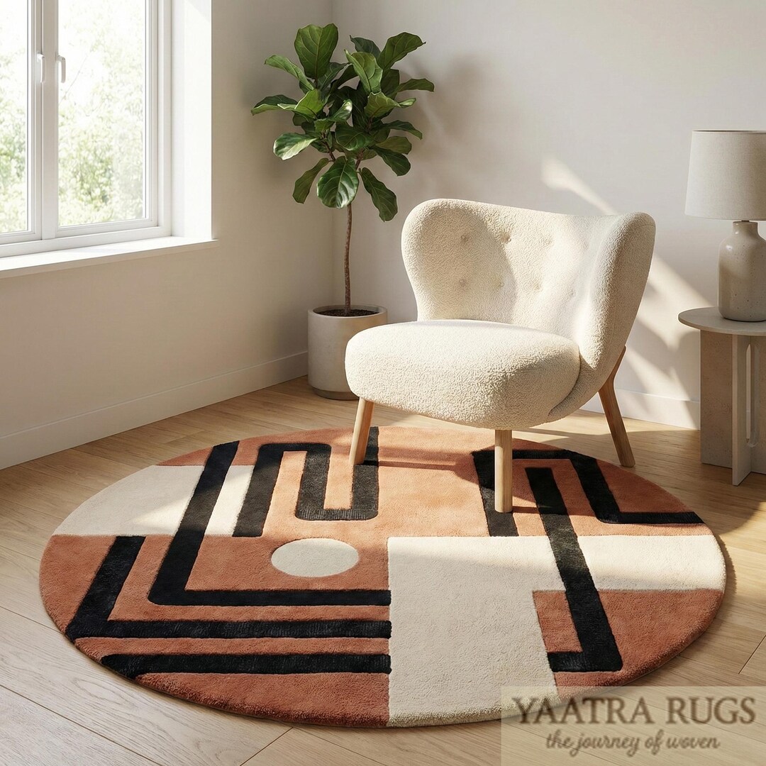 Round Large Rug Abstract Round Hand Tufted Wool Rug – Modern Geometric Abstract Circle Rug in ...