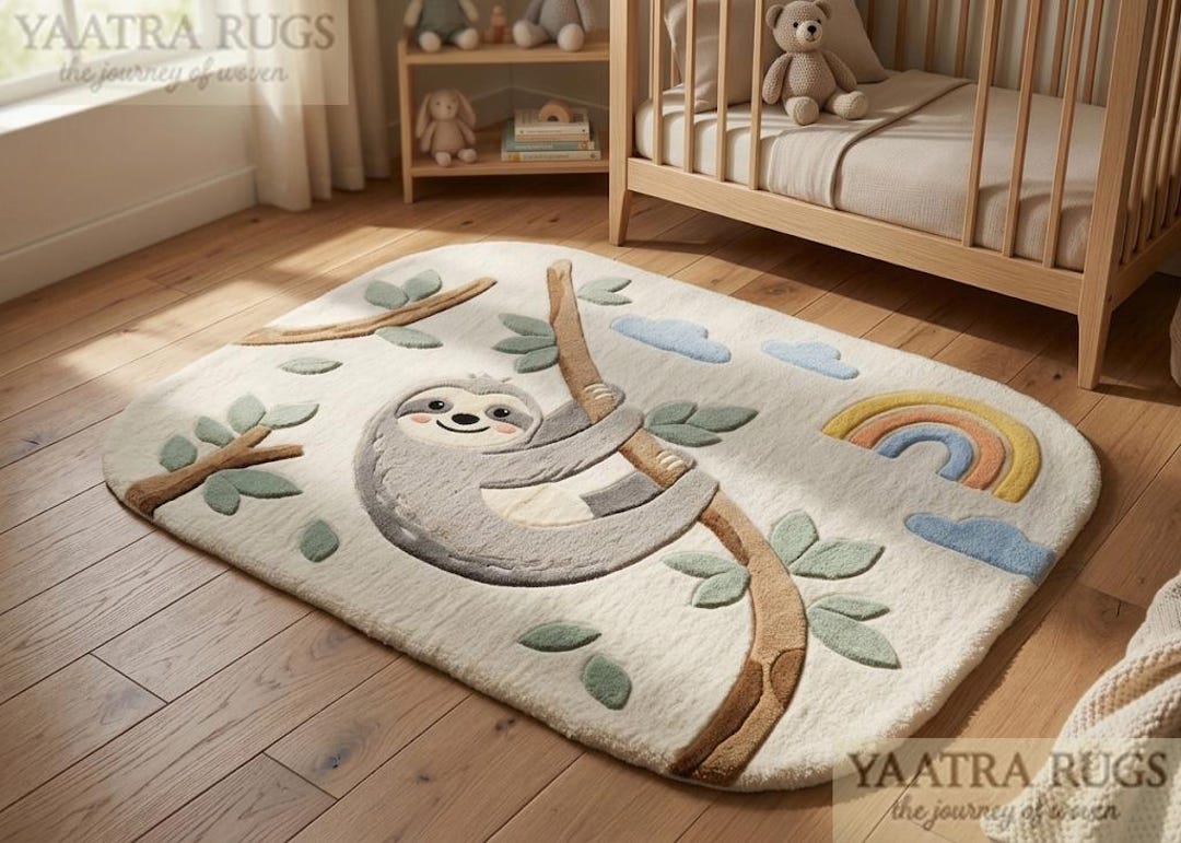 Handmade Wool Kids Rug – Designer Sloth Nursery Rug, Hand Tufted Baby ...