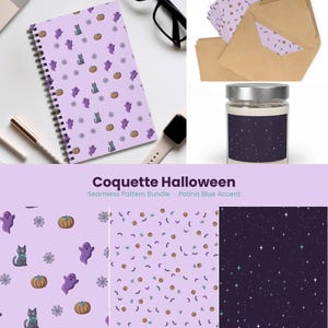 Könnte beinhalten: Ein digitales Design-Paket mit dem Titel Coquette Halloween Seamless Pattern Bundle Patina Blue Accent, bestehend aus einem Spiralnotizbuch, Umschlägen und einer Kerze. Die Muster zeigen violette Geister, Katzen, Kürbisse, Spinnennetze, Fledermäuse und Sterne auf hell- und dunkelvioletten Hintergründen.