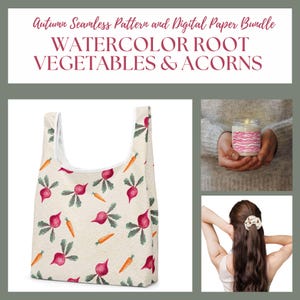 Seamless Autumn Pattern Bundle – Watercolor Root Vegetables & Acorns – Beet Carrot Fall Digital Paper Set