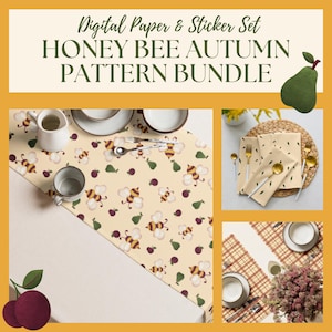 Könnte beinhalten: Ein digitales Papier- und Aufkleber-Set mit dem Titel HONEY BEE AUTUMN PATTERN BUNDLE. Das Bild zeigt einen Tischläufer mit einem wiederkehrenden Muster aus Bienen, Birnen und Pflaumen sowie Servietten mit Blattmotiven und Platzsets.
