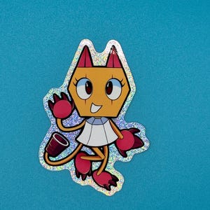 May include: A holographic sticker featuring a cartoon character with a geometric design. The character has an orange body, red accents, and a white skirt. It is waving with one hand and has a brown object attached to its tail.
