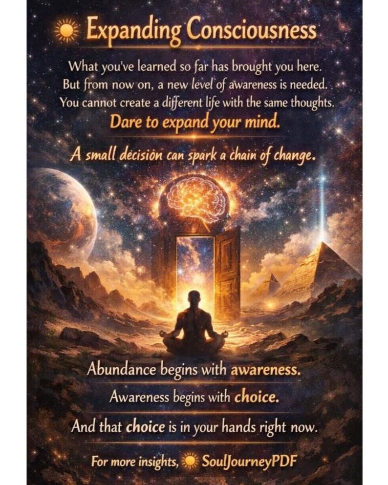 May include: Digital art print with the text "Expanding Consciousness" and inspirational quotes. The image features a person meditating in front of an open door, with a brain and a galaxy in the background. The color palette includes gold, brown, and blue.