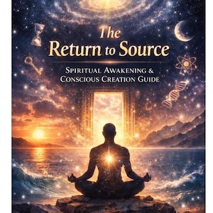 May include: A book cover with the title "The Return to Source" against a backdrop of a starry galaxy and a meditating figure. The cover features a spiritual theme with text that reads "Spiritual Awakening & Conscious Creation Guide."