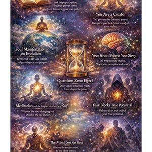 May include: A spiritual art print with celestial imagery and text. The artwork features figures in meditation poses, an hourglass, and an open book. Text includes phrases like "Soul Manifestation," "You Are a Creator," and "Fear Blocks True Potential."