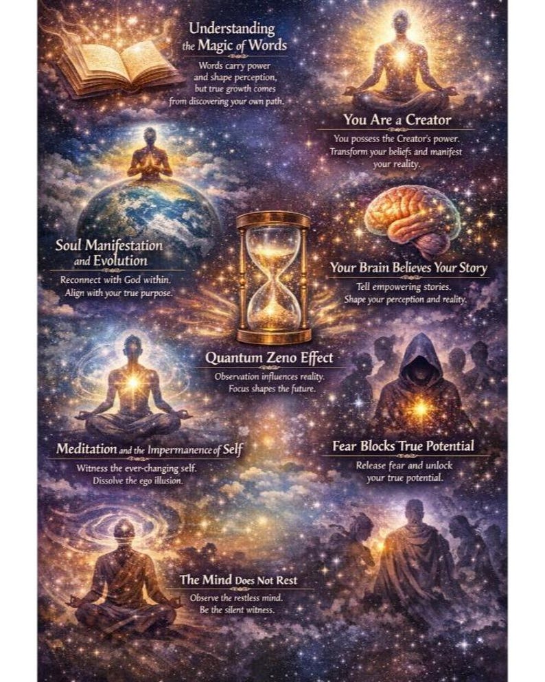 May include: A spiritual art print with celestial imagery and text. The artwork features figures in meditation poses, an hourglass, and an open book. Text includes phrases like "Soul Manifestation," "You Are a Creator," and "Fear Blocks True Potential."