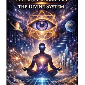May include: Digital art featuring the words "MASTERING THE DIVINE SYSTEM" above a cosmic scene. A meditating figure is centered, with a glowing light emanating from their chest. The image includes an eye within a geometric shape, planets, and a cityscape.