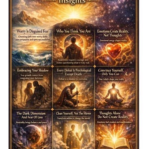 May include: A poster titled Spiritual Awakening Insights featuring nine distinct panels with illustrations and text. The imagery includes a sunrise, a person in a doorway, a glowing heart, a couple, a knight, a meditating figure, a planet, a mirror, and an open book.