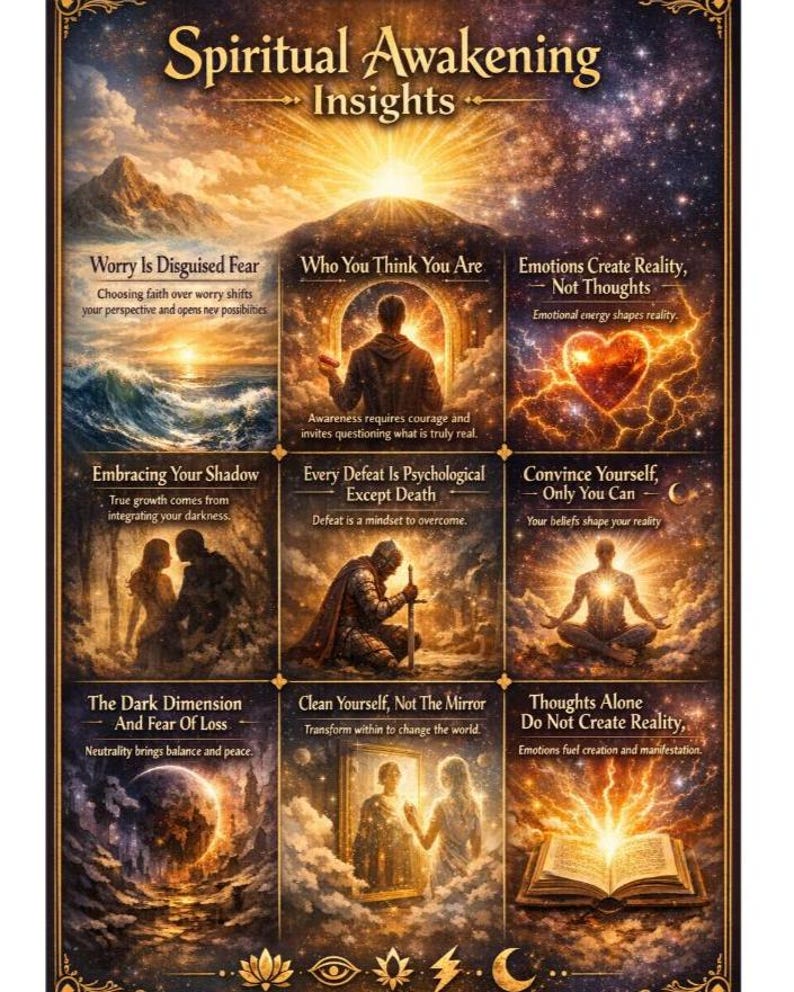 May include: A poster titled Spiritual Awakening Insights featuring nine distinct panels with illustrations and text. The imagery includes a sunrise, a person in a doorway, a glowing heart, a couple, a knight, a meditating figure, a planet, a mirror, and an open book.