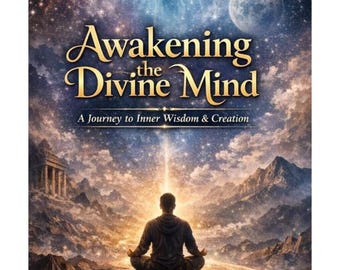 May include: A digital art print titled "Awakening the Divine Mind." The image features a person meditating in a mountainous landscape, with a beam of light connecting them to a celestial figure. The text reads "A Journey to Inner Wisdom & Creation."