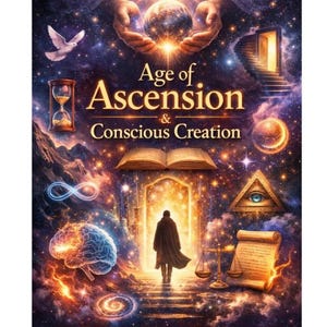 Puede incluir: Imagen de arte digital con temática celestial. Se muestran las palabras "Age of Ascension & Conscious Creation". La imagen incluye una persona caminando hacia una puerta, un reloj de arena, una paloma y otros símbolos espirituales.