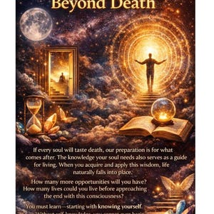 May include: A digital art piece with the text "Preparation Beyond Death." The image features a celestial theme with a figure at the end of a glowing tunnel, a moon, an hourglass, and an open book with a crystal ball.