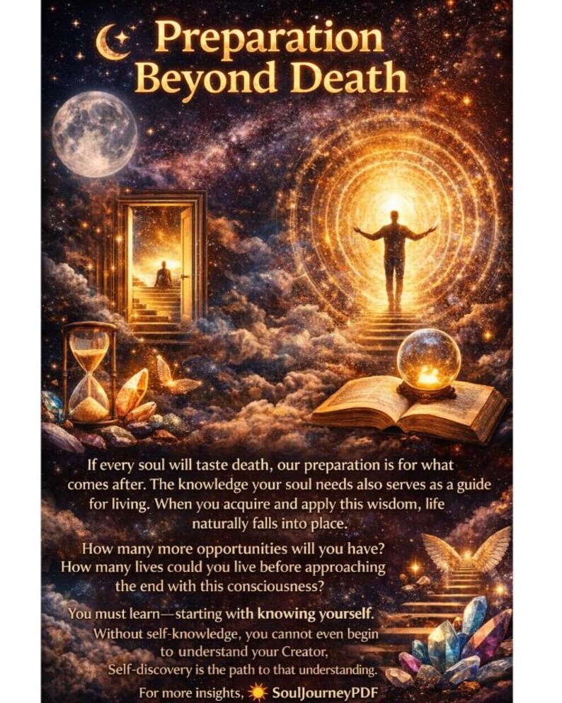 May include: A digital art piece with the text "Preparation Beyond Death." The image features a celestial theme with a figure at the end of a glowing tunnel, a moon, an hourglass, and an open book with a crystal ball.