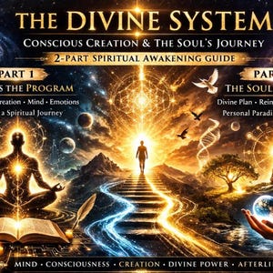 Puede incluir: Una ilustración para una guía titulada "The Divine System" con el subtítulo "Conscious Creation & The Soul's Journey". La imagen se divide en dos partes, "God as the Program" y "The Soul's Journey", con temas e imágenes espirituales.