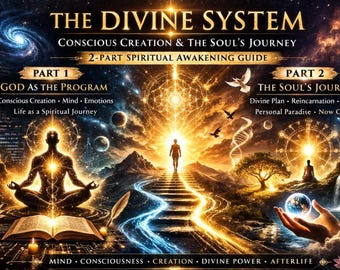 May include: An illustrated guide titled "The Divine System" with the subtitle "Conscious Creation & The Soul's Journey." The image is divided into two parts, "God as the Program" and "The Soul's Journey," with spiritual themes and imagery.