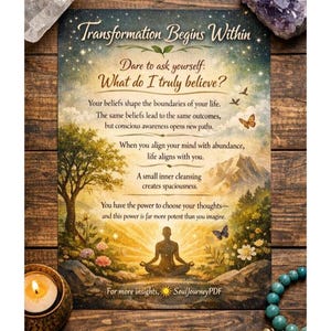 May include: A motivational poster with the text "Transformation Begins Within." The image features a serene landscape with a meditating figure, a lit candle, and crystals. The text encourages self-reflection and positive thinking.