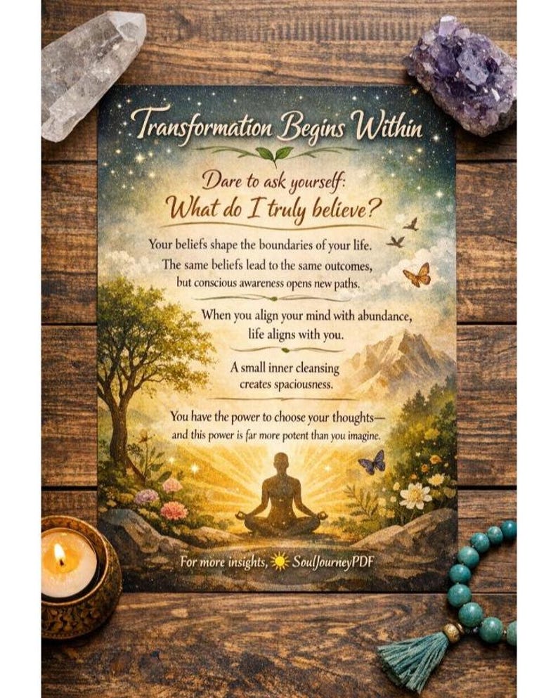 May include: A motivational poster with the text "Transformation Begins Within." The image features a serene landscape with a meditating figure, a lit candle, and crystals. The text encourages self-reflection and positive thinking.